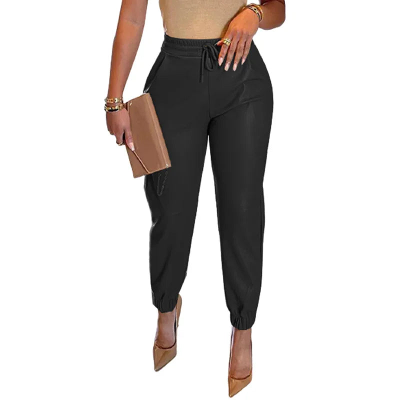 San Antonio PU Leather Fashion Elastic Waist Long Vintage Elegant Casual Loose Pants