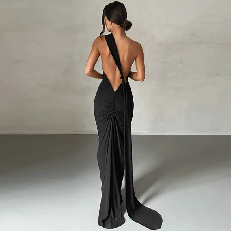 Jefferson One Shoulder Sleeveless Backless Ruched Bodycon Maxi Dress