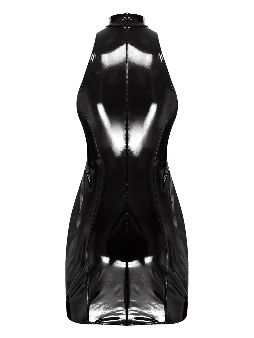 Amityville Wet Look PU Leather Mock Neck Sleeveless Hollow-out Bodycon Mini Dress