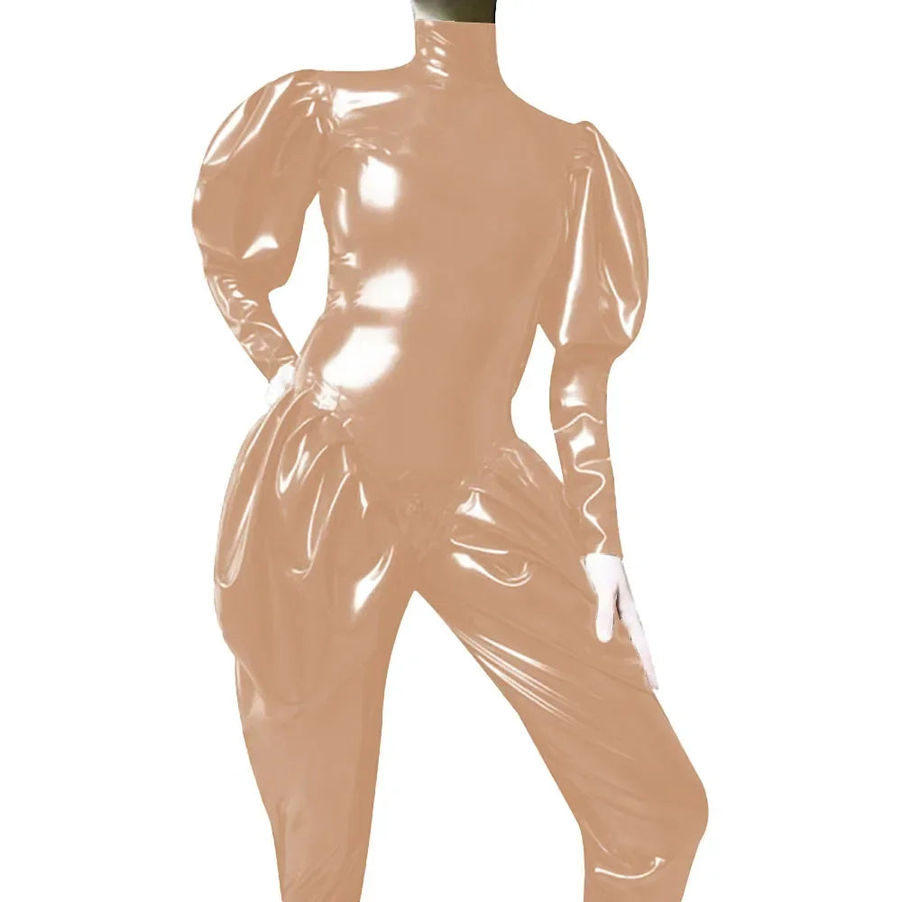 Sleeves Jumpsuit Sexy Zipper Open Crotch Catsuit Party High Neck Wetlook Rompers Female