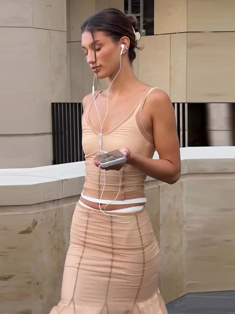 Eva Elegant Mesh Patchwork Female Two Piece Sets