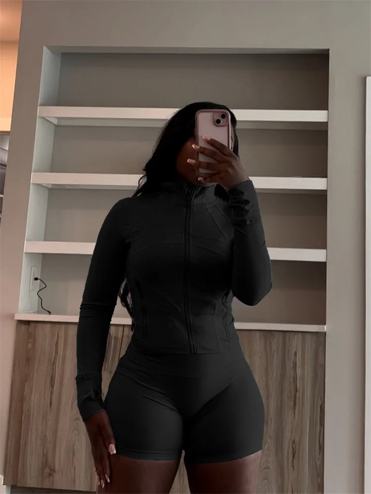 Olivia Fall Siold Bodycon Zipper Tracksuits Two Piece Sets