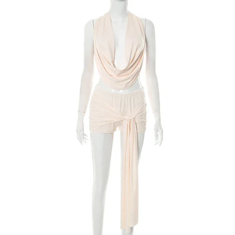 Beattystown Puss Elegant Halter Swing Collar Backless Sexy Tank Side Tassel Matching Set