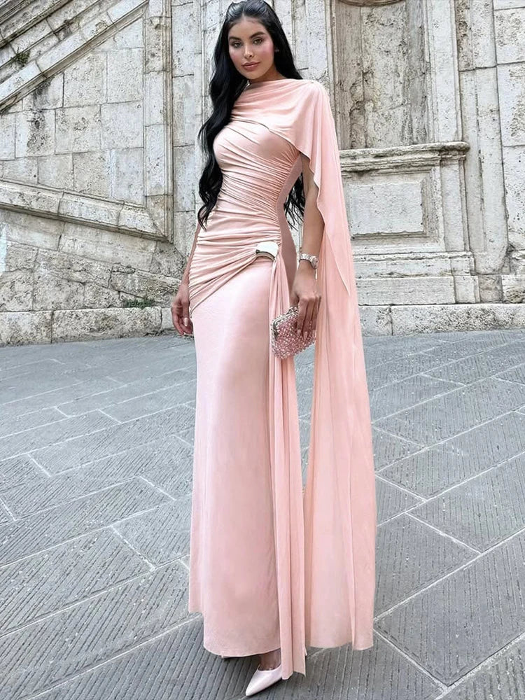 Linden Elegant Ruched O Neck Sleeveless Irregular Ribbon Metal Trim Classic Dress