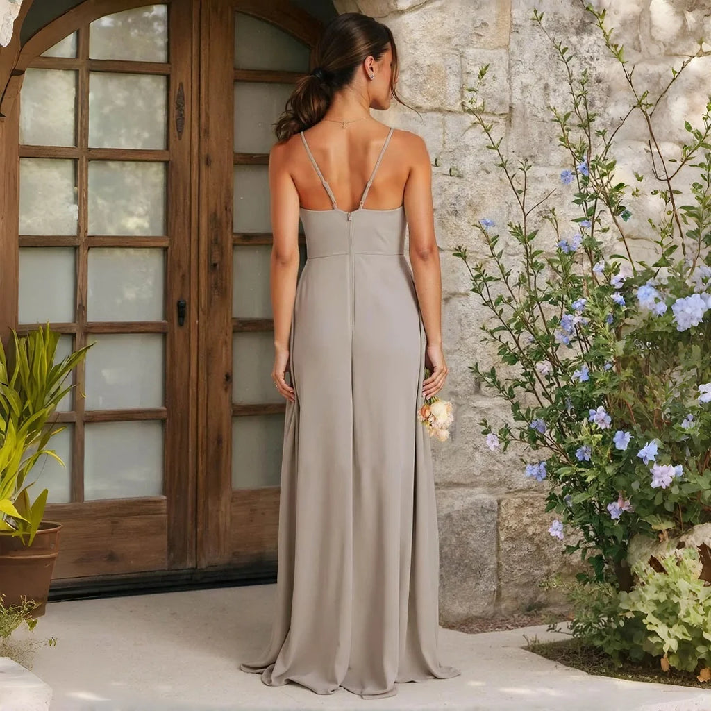 Alma Chiffon Bridesmaid Spaghetti Strap V Neck Cascading Ruffle High Side Slit A Line Dress