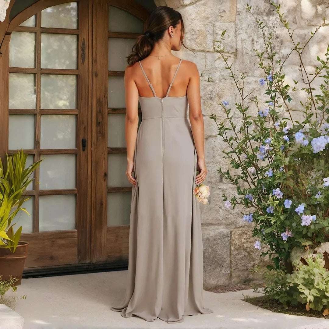 Alma Chiffon Bridesmaid Spaghetti Strap V Neck Cascading Ruffle High Side Slit A Line Dress
