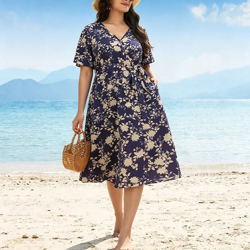 Plus Size Floral Print V-Neck with Pockets And Belt Elegant Mid-Length Dress