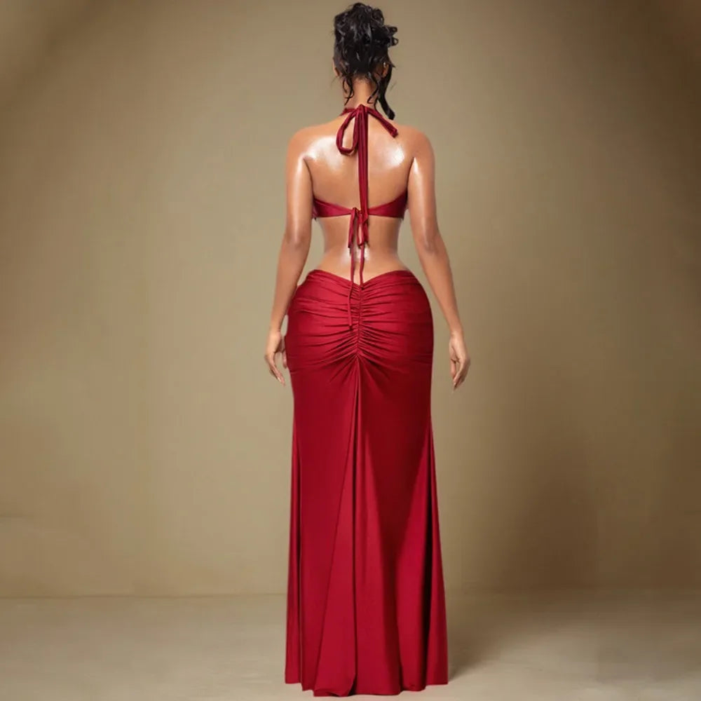 Ancram Hollow Backless Sexy Halter Deep V Neck Sleeveless Ruched Patchwork Dresses