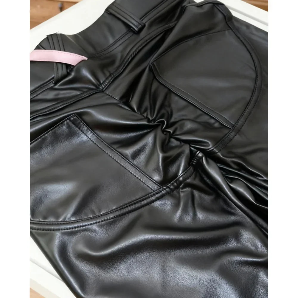 Oak Ridge Sporty Pu Leather Sexy Shirring Hip Lifting Tight Leggings