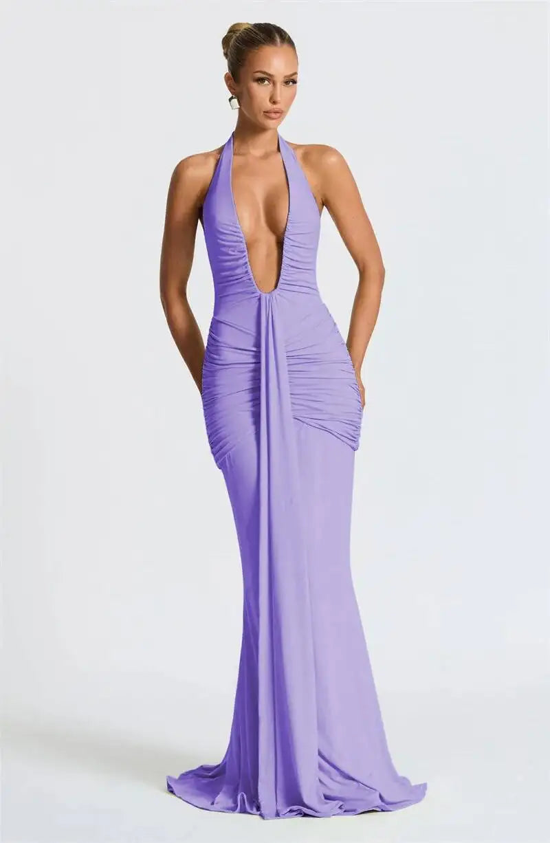 Deep V Neck Draped Ruched Sexy Halter Sleeveless Backless Club Party Long Dress