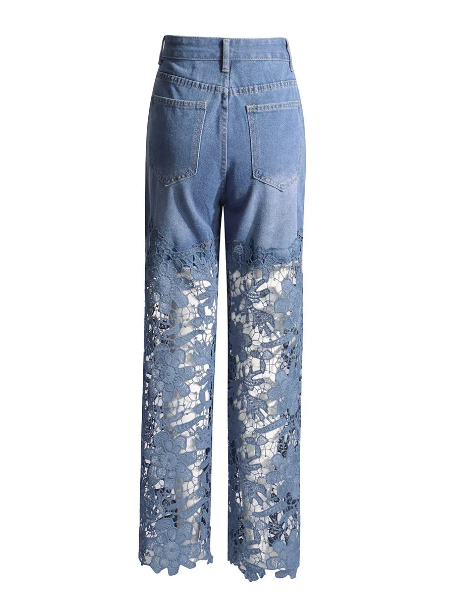 Old Bridge Solid Slimming Hollow Out Denim High Waist Spliced Button Jeans