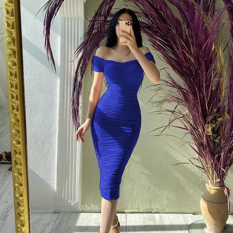 Bedminster Style Solid Color Long Elegant One-Shoulder Midi Dress