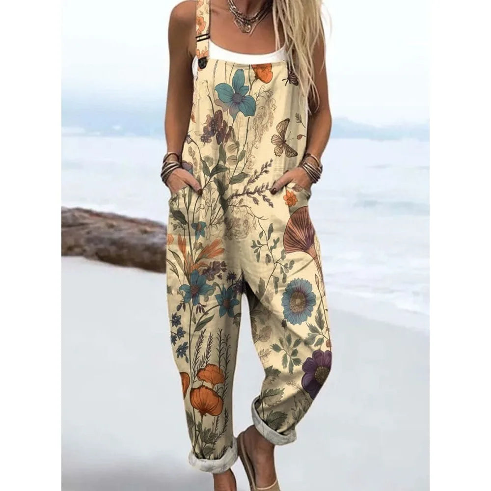 Summer Floral Romper Overalls Breathable & Comfortable Women's Jumpsuit with Pockets Adjustable Straps Romper for Streetwear