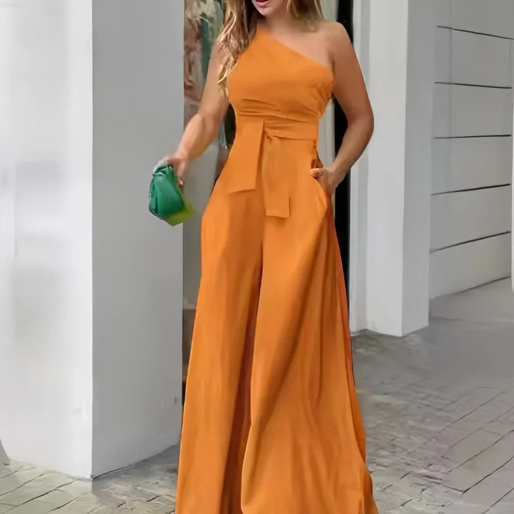 Boardman Solid Color Lace-up Irregular Off-The-Shoulder Casual High Waist Wide Jumpsuit