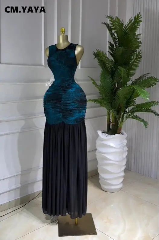 Printed Ruched Stacked Sleeveless Long Maxi Dress