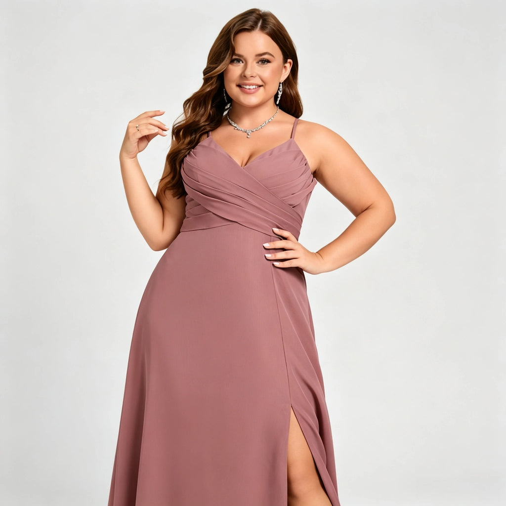 Lawrence Plus Size Chiffon Bridesmaid Dress Dusty Rose Crisscross Back Slit Formal Gown