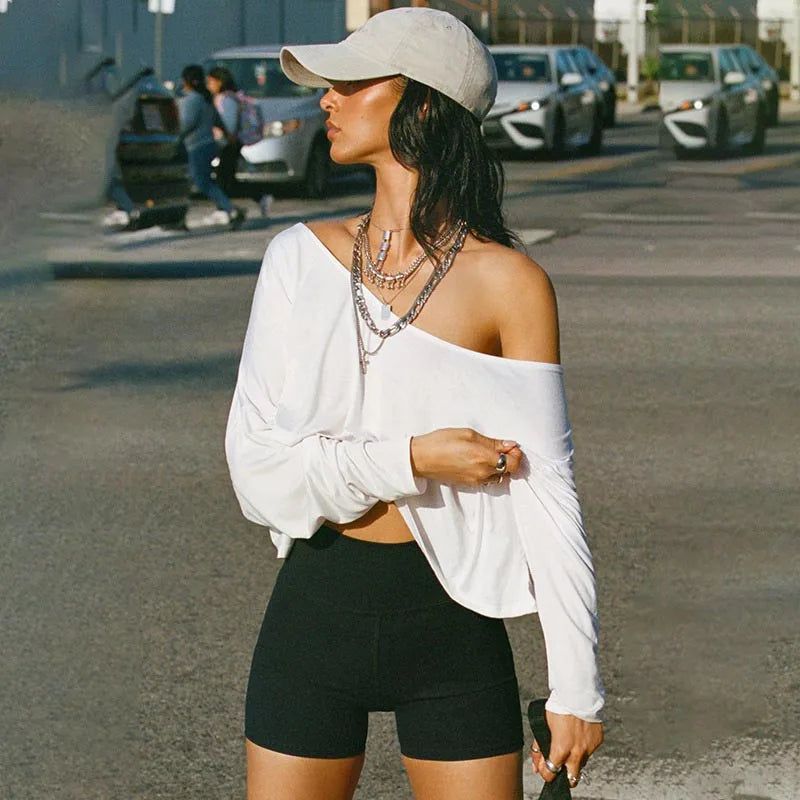 Mercury Streetwear Off Shoulder Crop White Long Sleeve Loose Tops
