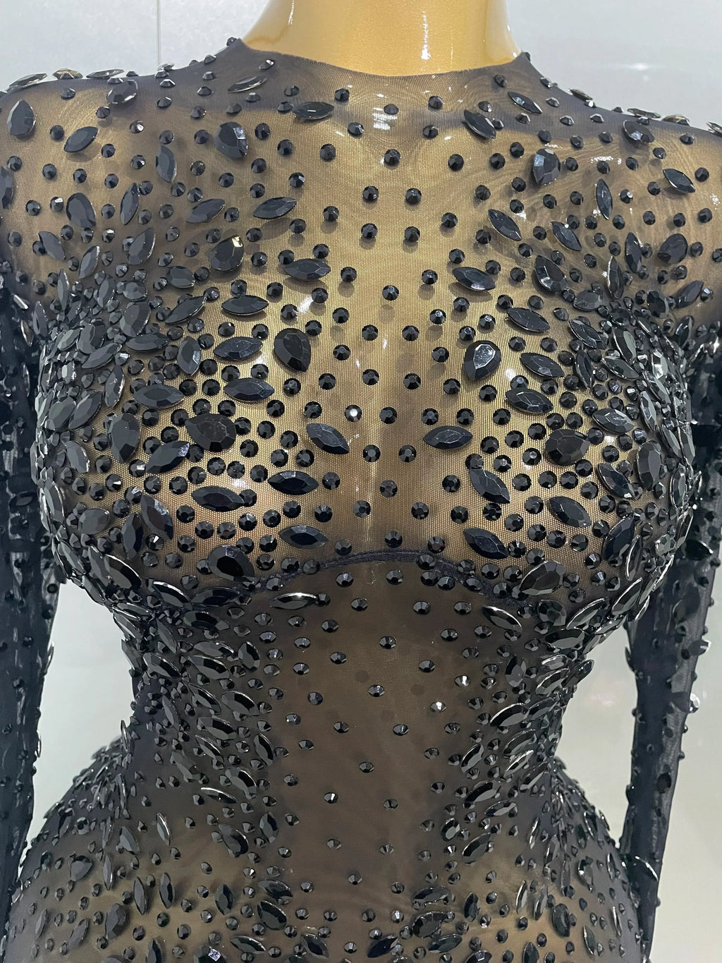 Cumberland Shinny Rhinestone Stretch Mesh Transparent Long Dress