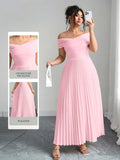 Candem Off Shoulder Pleated Soft Pink Crossover Neckline Maxi Dress