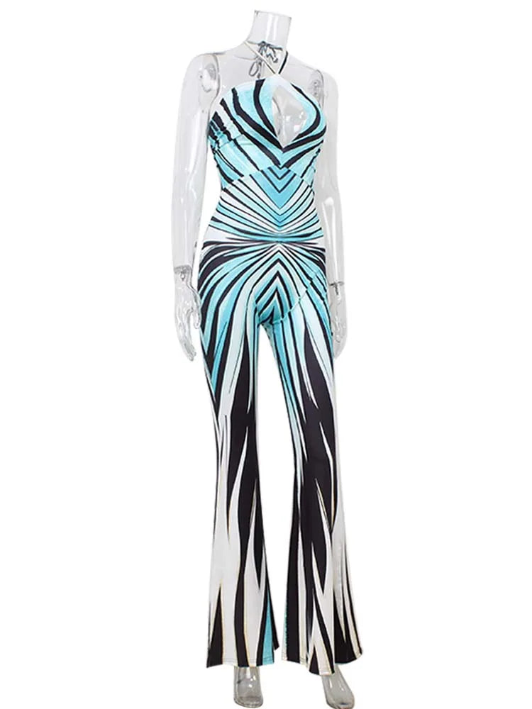 Hawthorne Halter Bandage Hollow Out Striped Skinny Flare Streetwear Rompers