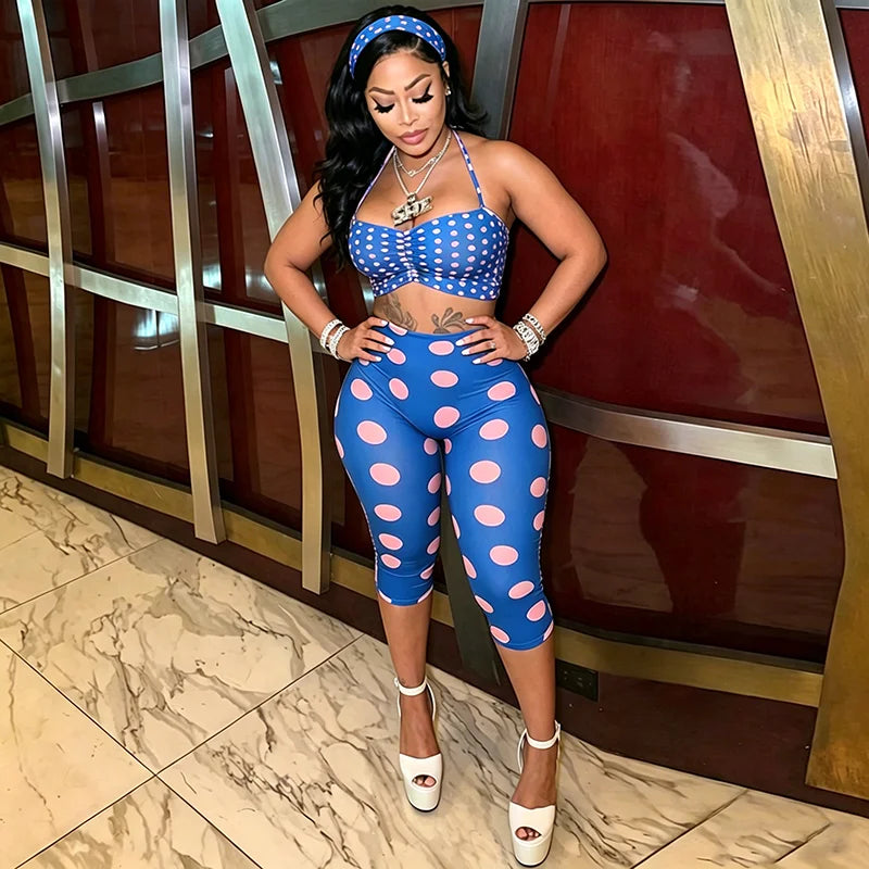 Nikki Polka Print Neck Strap Tight Fitting Three Piece Sets