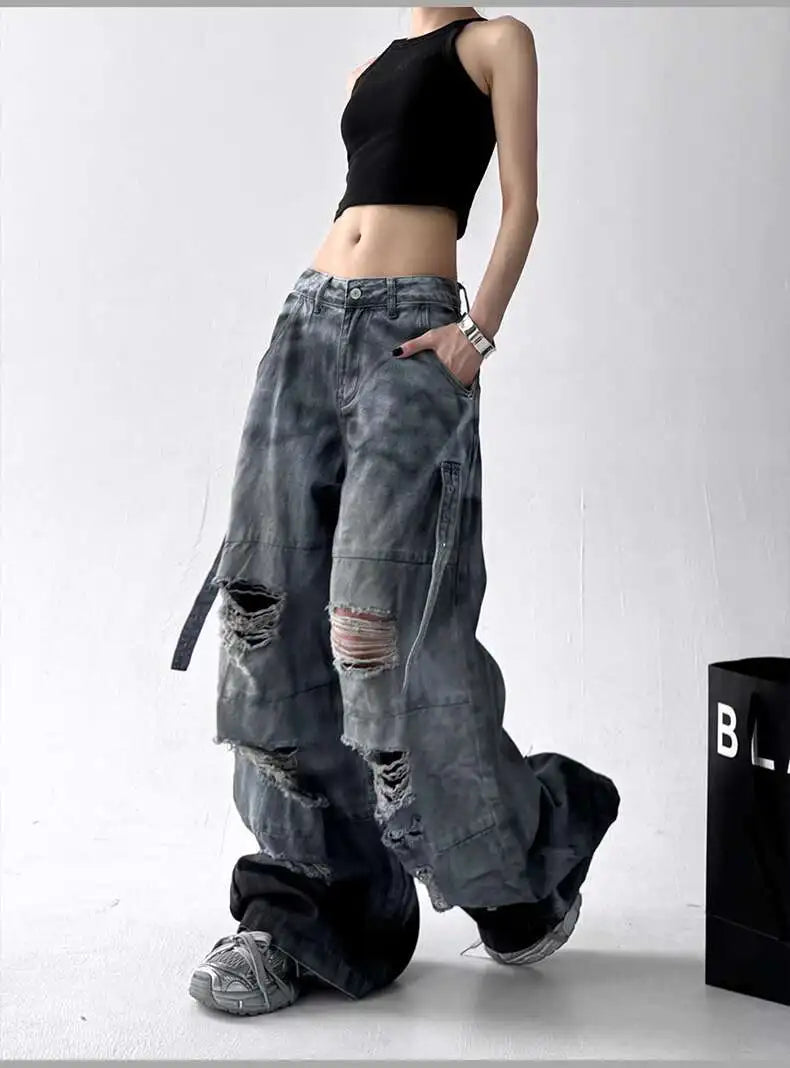 Jeans American High Street Ripped Straight Wide-Leg Jeans For Women Design