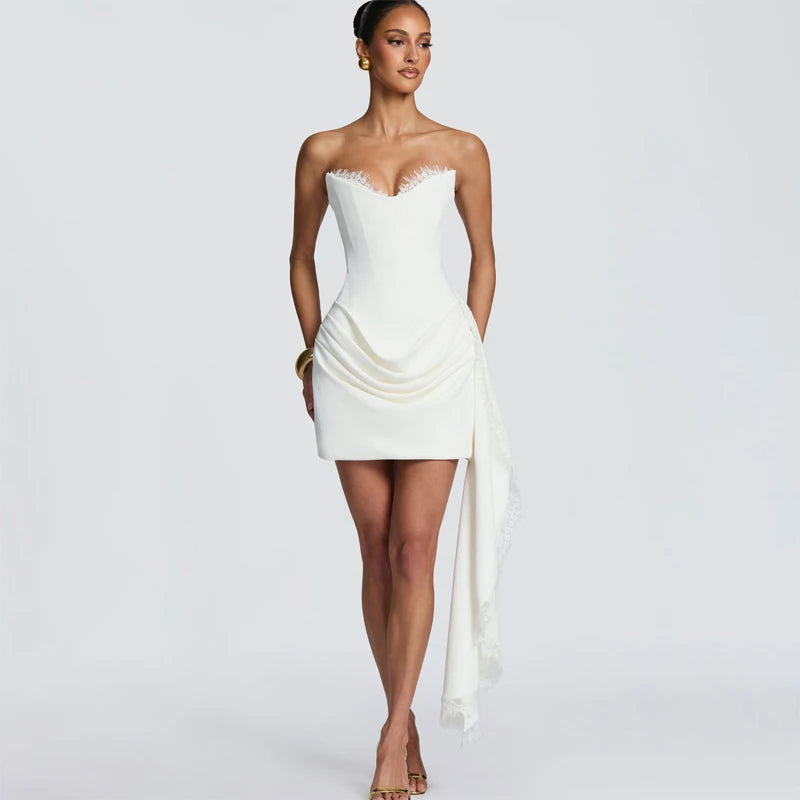 Telaby Lace Trim Patchwork Strapless Ribbon Bodycon Dress
