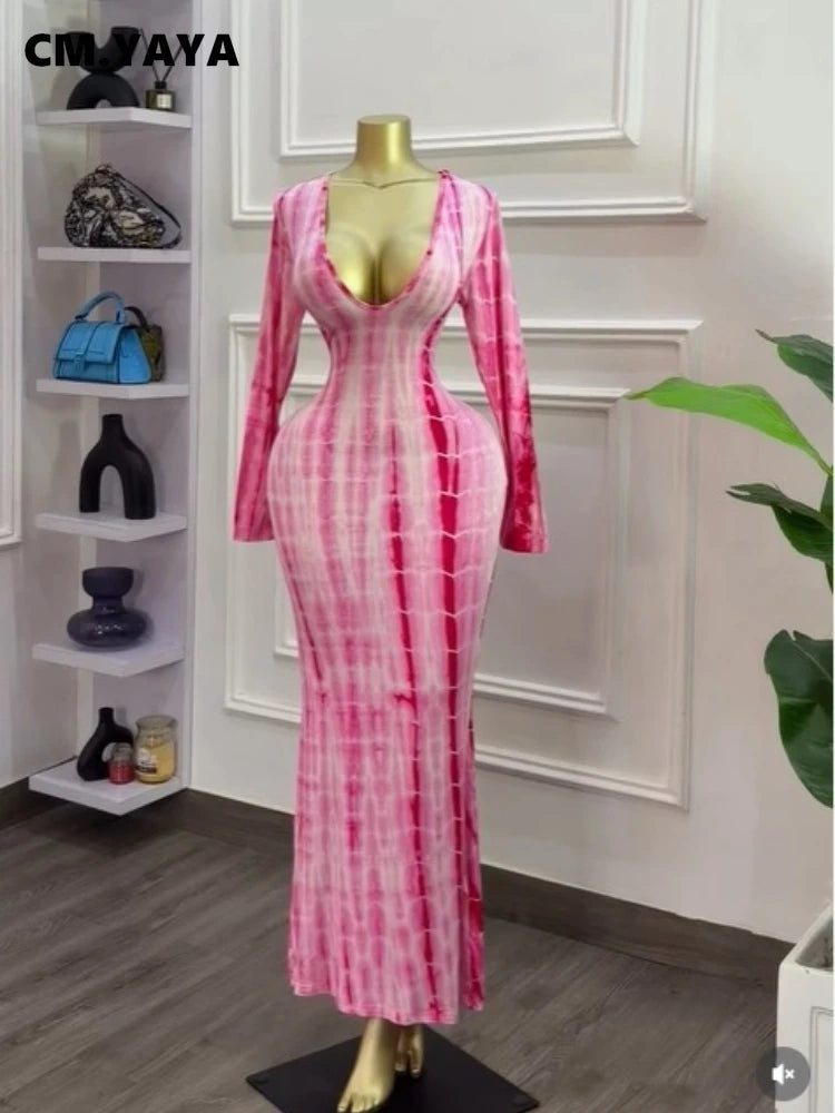 Tie Dye Printed V Neck Long Sleeve Bodycon Maxi Dress