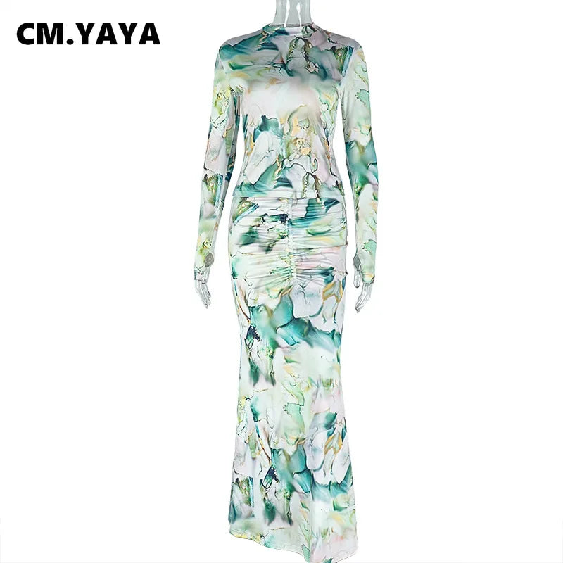 Long Sleeve Combo and Drawstring Ruched Maxi Long  Outfit Sets