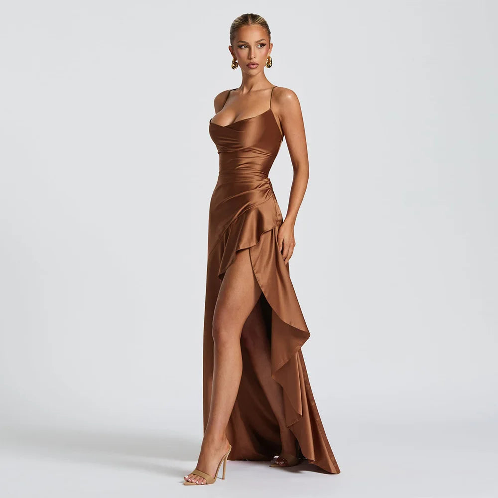 Stony Point Satin Long Dr with High Slit And Lace Trim Charming Dress