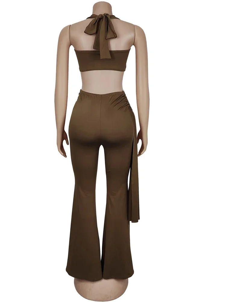 Oneonta Long Straps Wide Legs Ruched Metal Tracksuits Two Piece Set