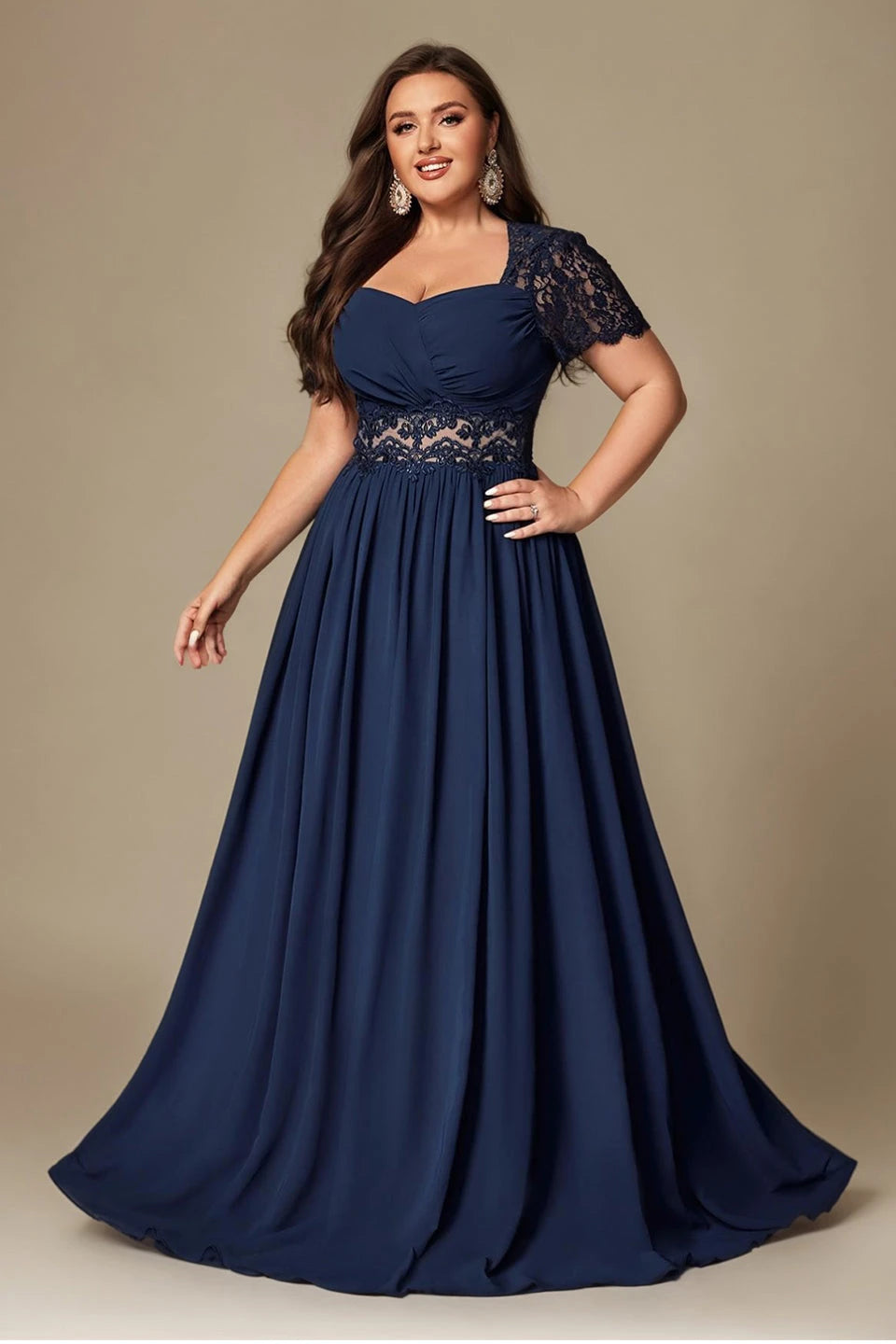 Paterson Plus Size A Line Lace Short Sleeved Formal Evening Gown Sheer High-Waisted Maxi Dress