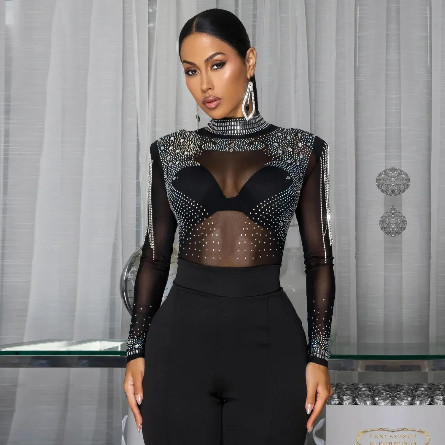 Lincoln Square Rhinestone Patchwork Mesh See Through Long Sleeves Jumpsuit