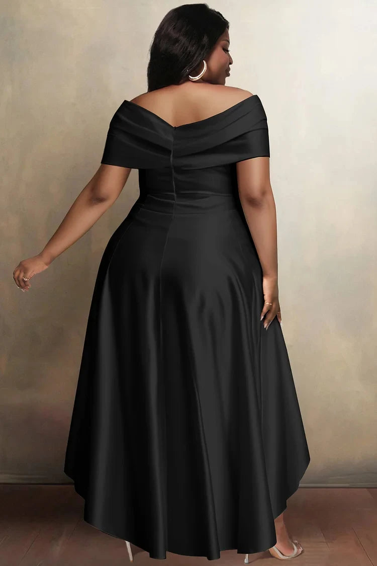 Noho Satin Off Shoulder Aysmmetry Hem Elegant Casual Short Sleeve Cocktail Maxi Dress