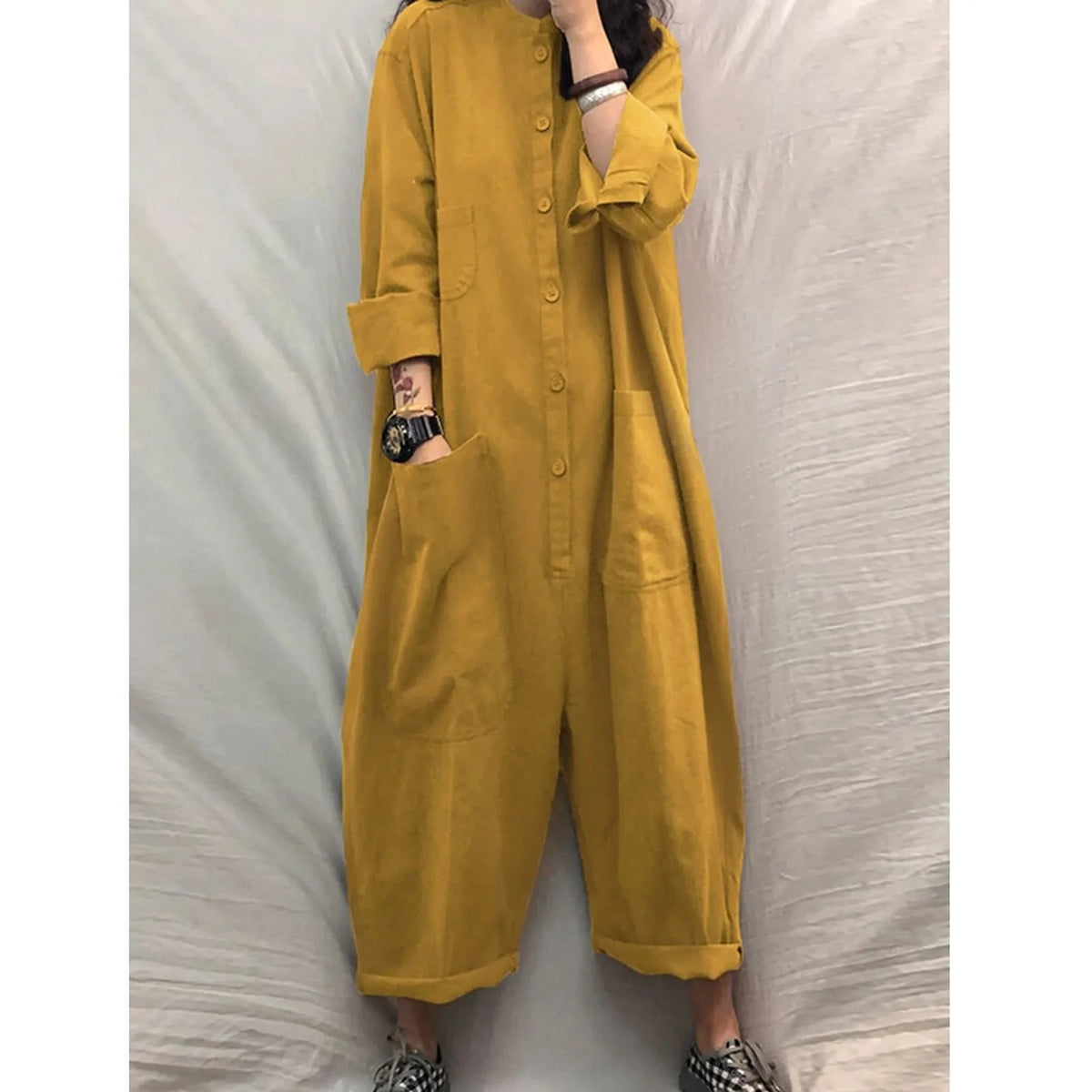 Women Jumpsuit 2024 Female Oversized Romper Autumn Loose Pockets Overalls Casual Solid Stand Collar Bottom