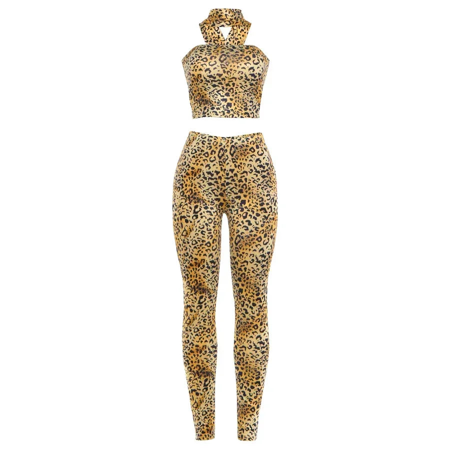 New York Puss Hipster Leopard Halter Chest Wrapped Matching Stretch Slim Set