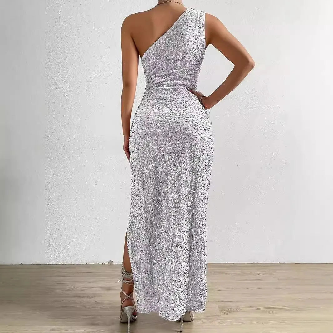 Norway Sequined One Shoulder Sleeveless Slim Elegant Slit Dress