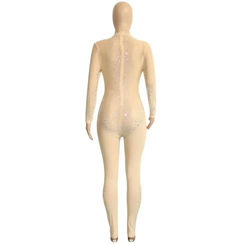 Union Square Fashion Sexy Mesh Perspective Hot Drill Long Sleeve Jumpsuit