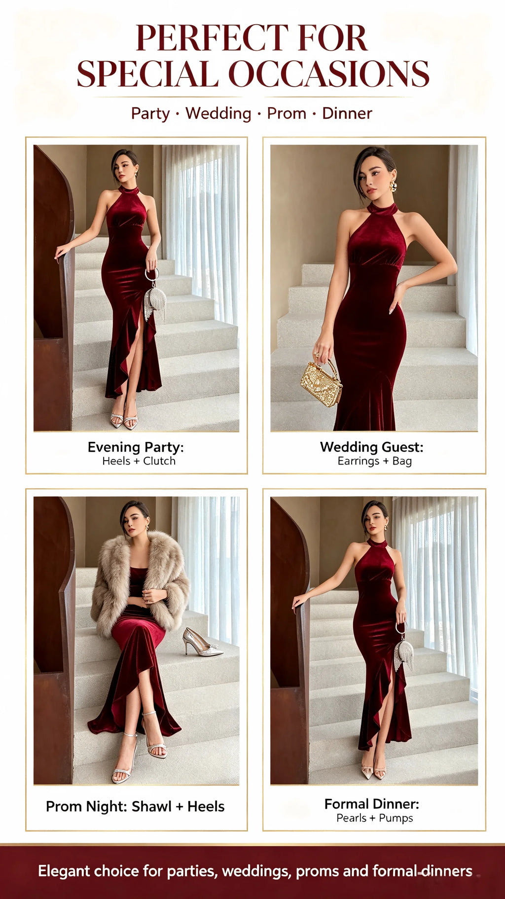 Burgundy Velvet Halter Neck Mermaid Gown High Neck Split Evening Party Dress