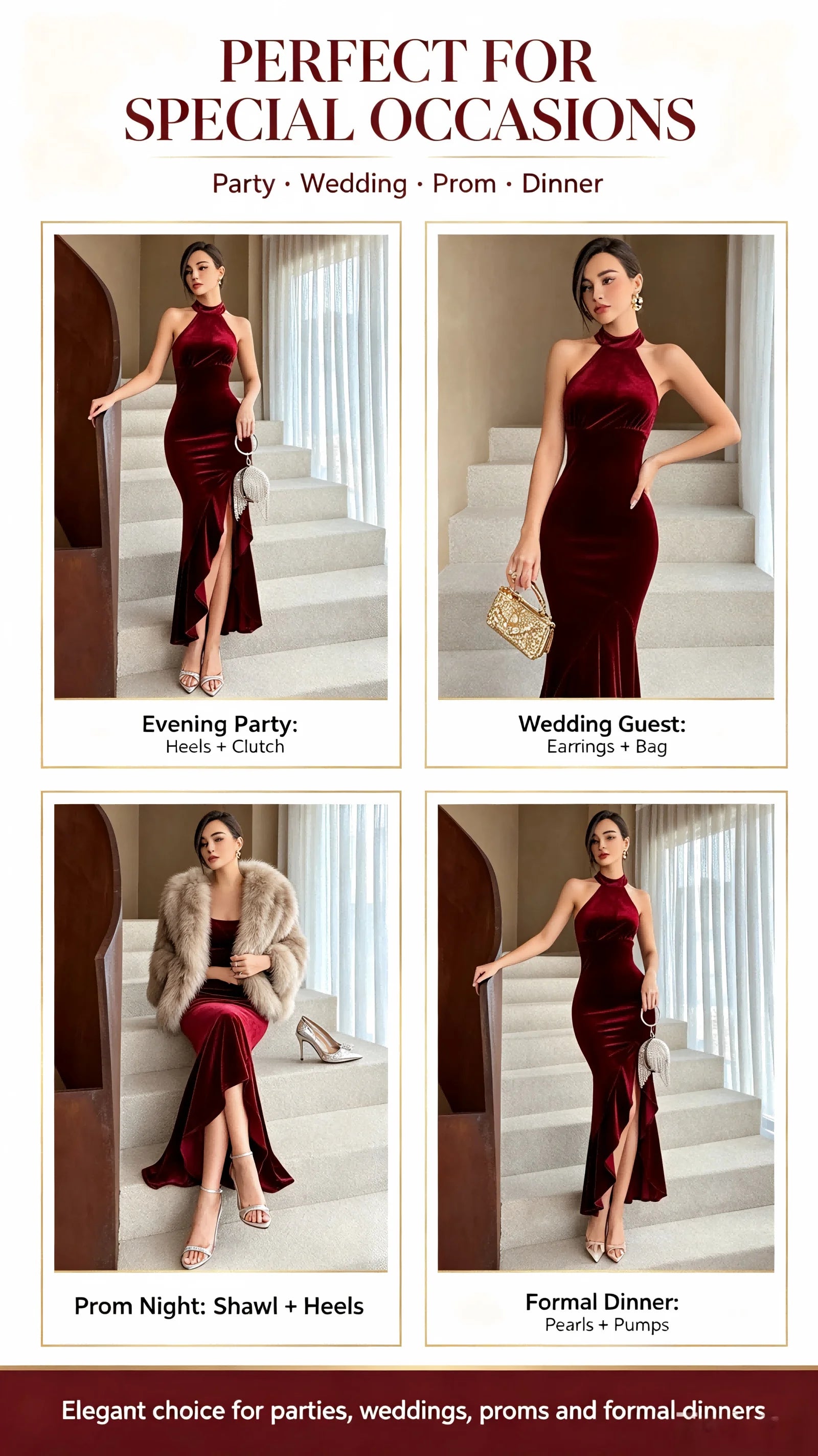 Burgundy Velvet Halter Neck Mermaid Gown High Neck Split Evening Party Dress