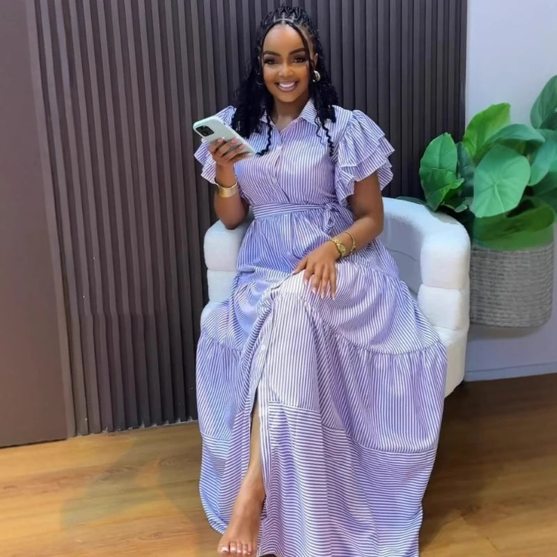 Rutherford Striped Butterfly Sleeve Loose High Waist Single Breasted Casual Long Dress