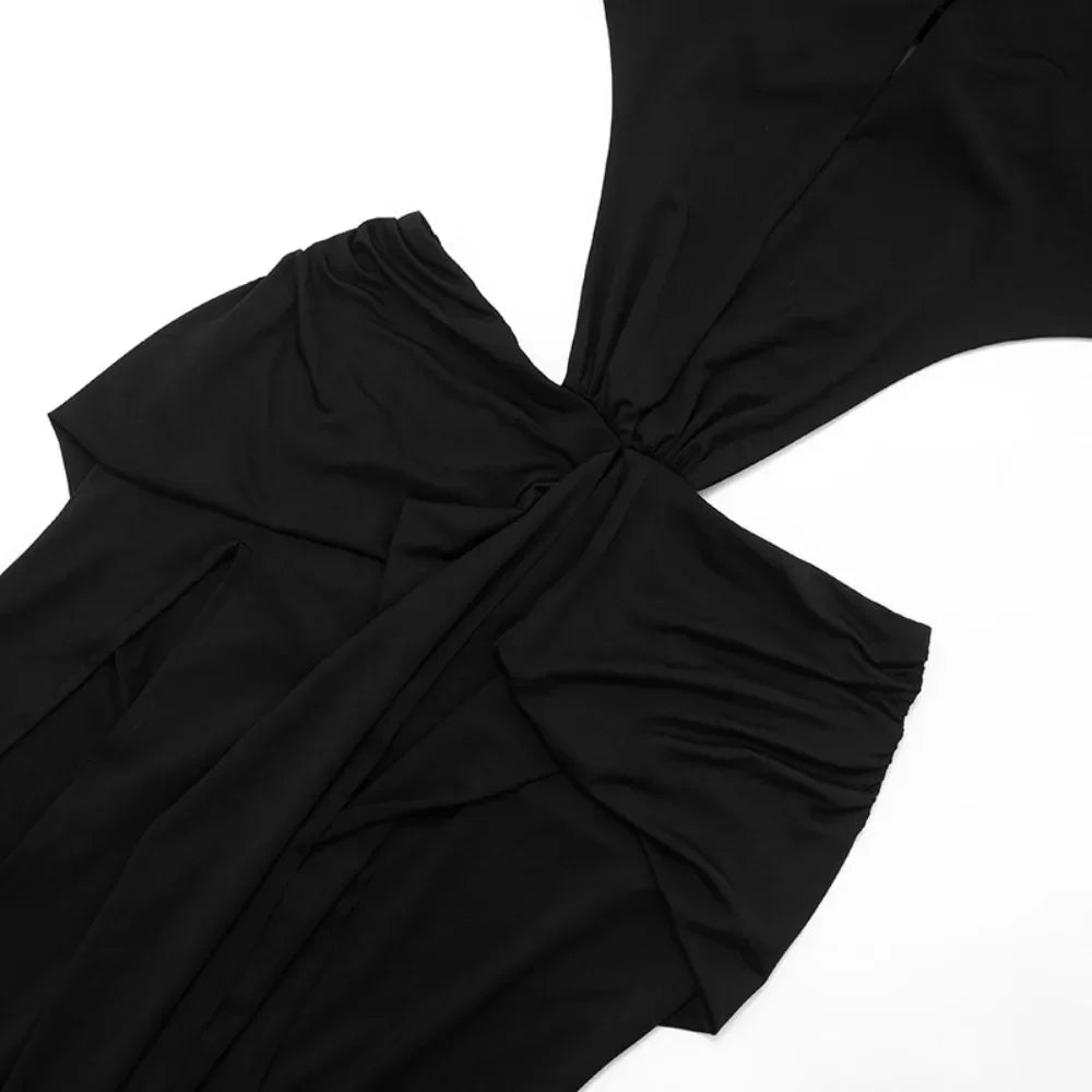 Ancram Hollow Backless Sexy Halter Deep V Neck Sleeveless Ruched Patchwork Dresses