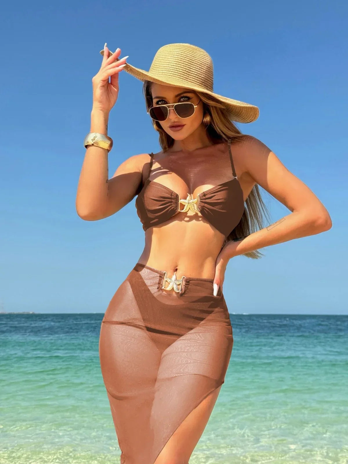 Peconic Starfish Ornament Push Up High Waist Swimsuit Beach Bathing Tree Pieces Set
