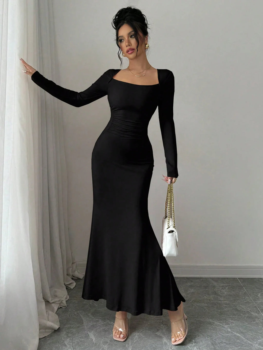 Nisao Four Seasons New Style Elegant Temperament Retro Solid Color Square Long Dress