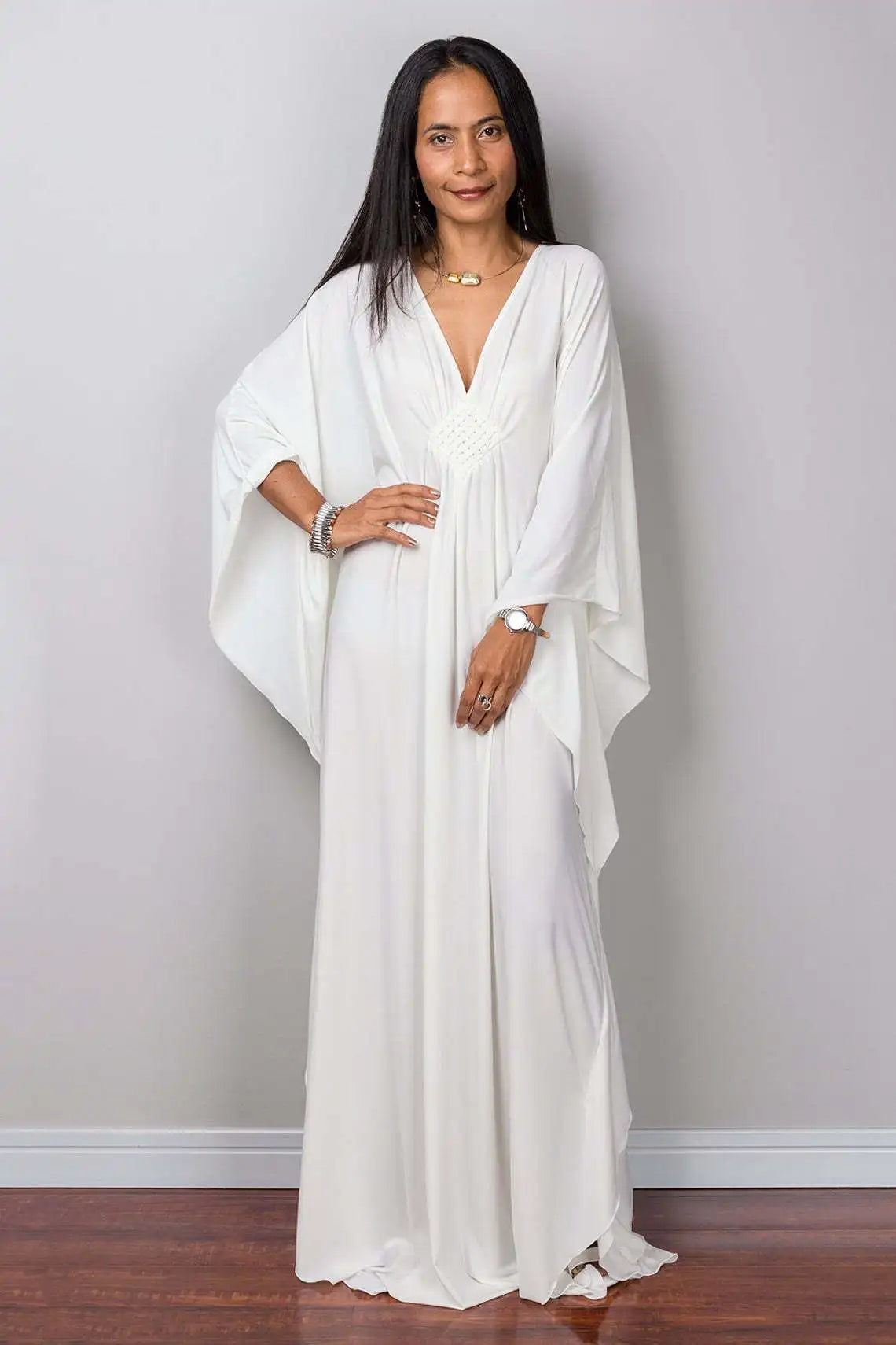 Plaza Plus Size Caftan Solid Color Plus Size Beach V Neck Cover Up Loose Soft Kaftan Dress