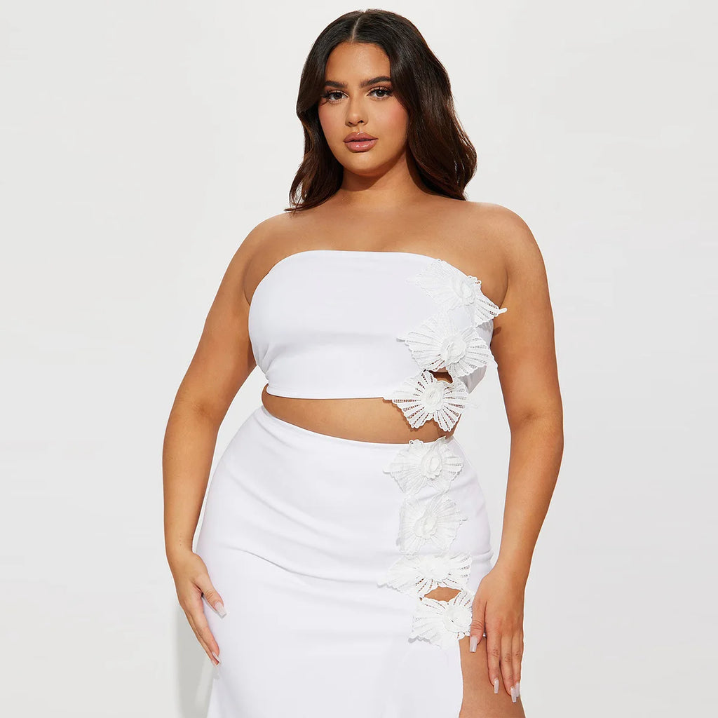 Manchester Strapless Crop and Ruffles Split Midi Maxi Long Two Piece Set