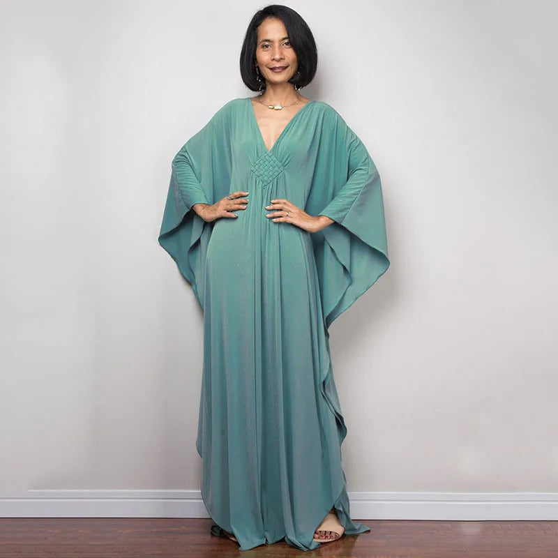 Plaza Plus Size Caftan Solid Color Plus Size Beach V Neck Cover Up Loose Soft Kaftan Dress