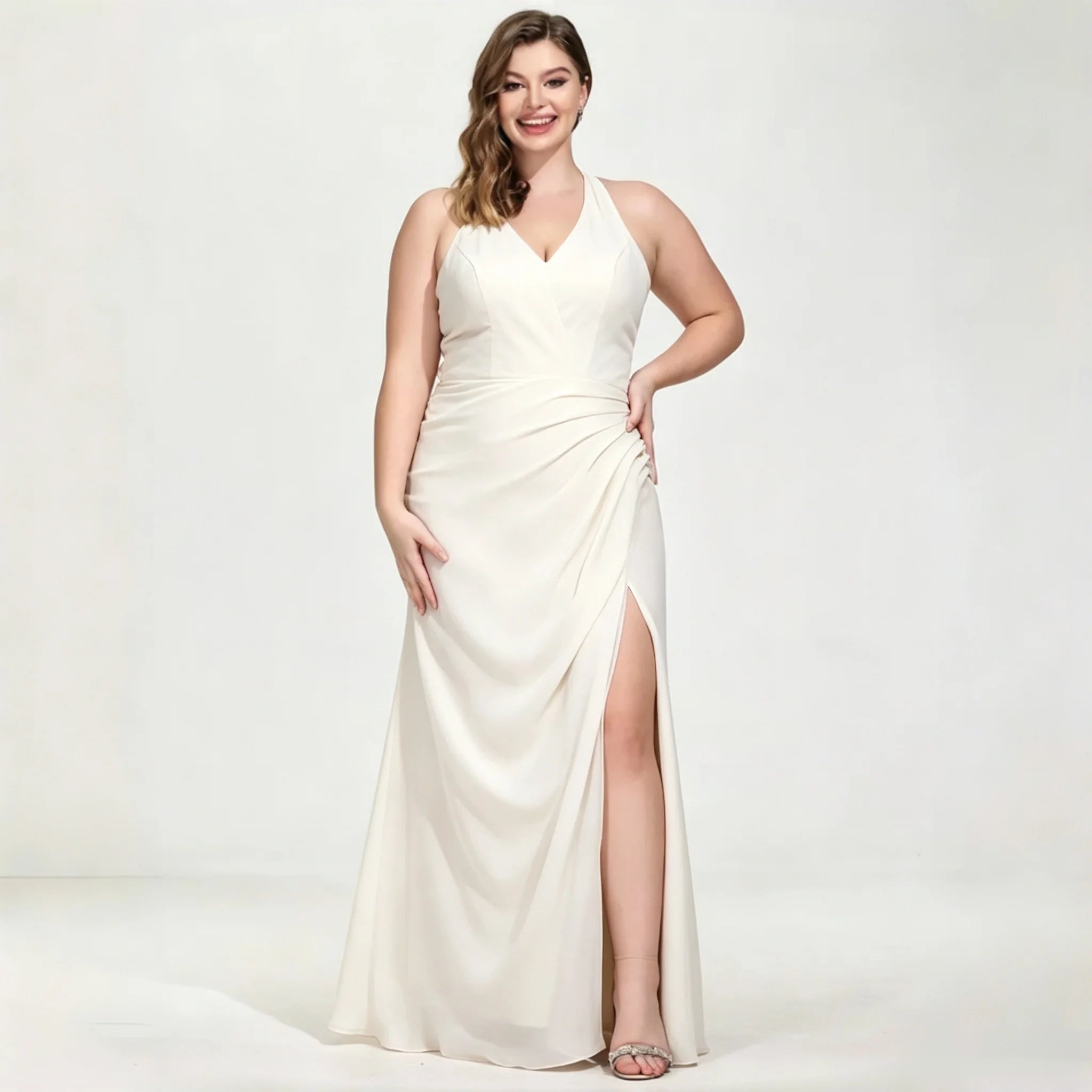 La Cuaba Dusty Pink Plus Size Chiffon Bridesmaid Sleeveless Deep V Neck Side Ruched Dress