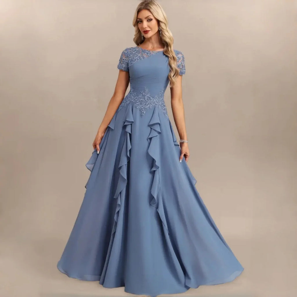 Dumbo Asymmetrical Neck Chiffon Bridesmaid Lace Sleeve Ruched Waist Cascading Dress