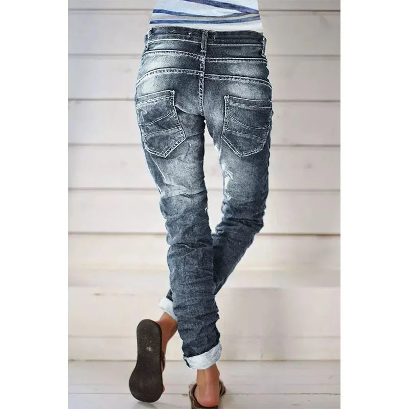 Jeans for Women Drawstring Elastic-waisted Jeans Casual Button Baggy Jeans